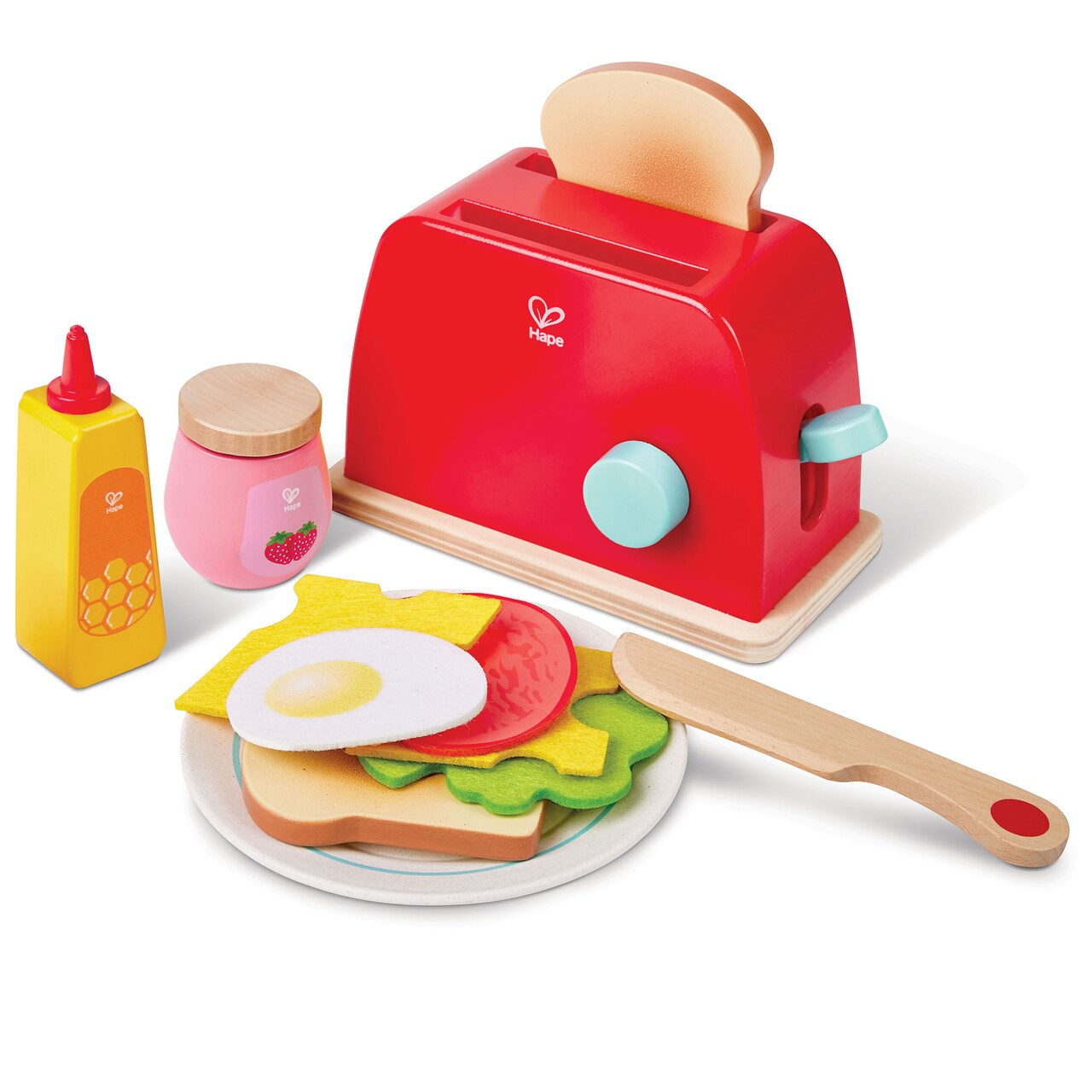 Hape: Pop-Up Toaster - Red - Wooden Kitchen Toy Appliance, Knife & Breakfast Food Accessories, Interactive Realistic Pretend Play, Kids Ages 3+